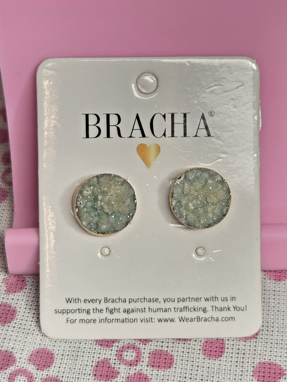 Bracha Mint Druzy Round Stud Earrings with Gold Trim